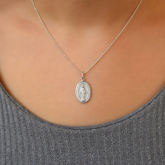 Sterling Silver Miraculous Medal Necklace – Rhodium-Plated 0.925 Italian Virgin Mary Jewelry