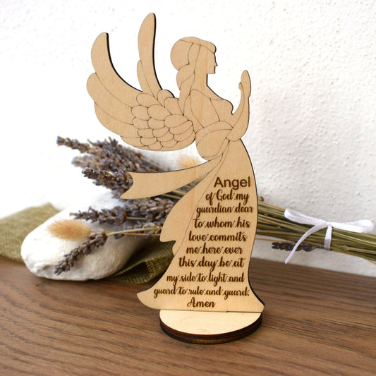 Guardian Angel Prayer Wood Stand – Personalized Baptism & First Communion Gift – Italian Handmade