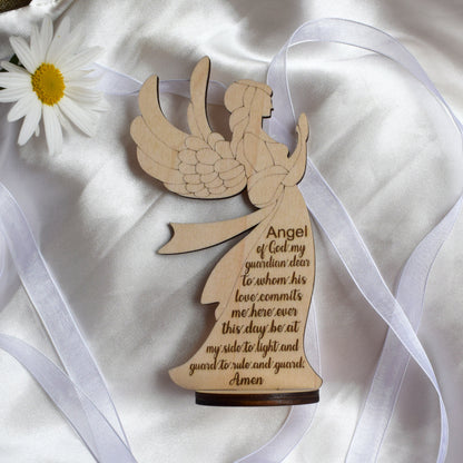 Guardian Angel Prayer Wood Stand – Personalized Baptism & First Communion Gift – Italian Handmade