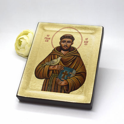 🕊️ Saint Francis of Assisi Greek Orthodox Icon – Handmade Byzantine Wall Art – Franciscan Gift