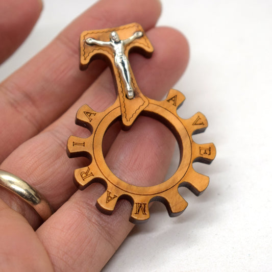 St. Francis Finger Rosary – Olive Wood Rosary Ring with Tau Cross ✝️ One Decade Pocket Rosary