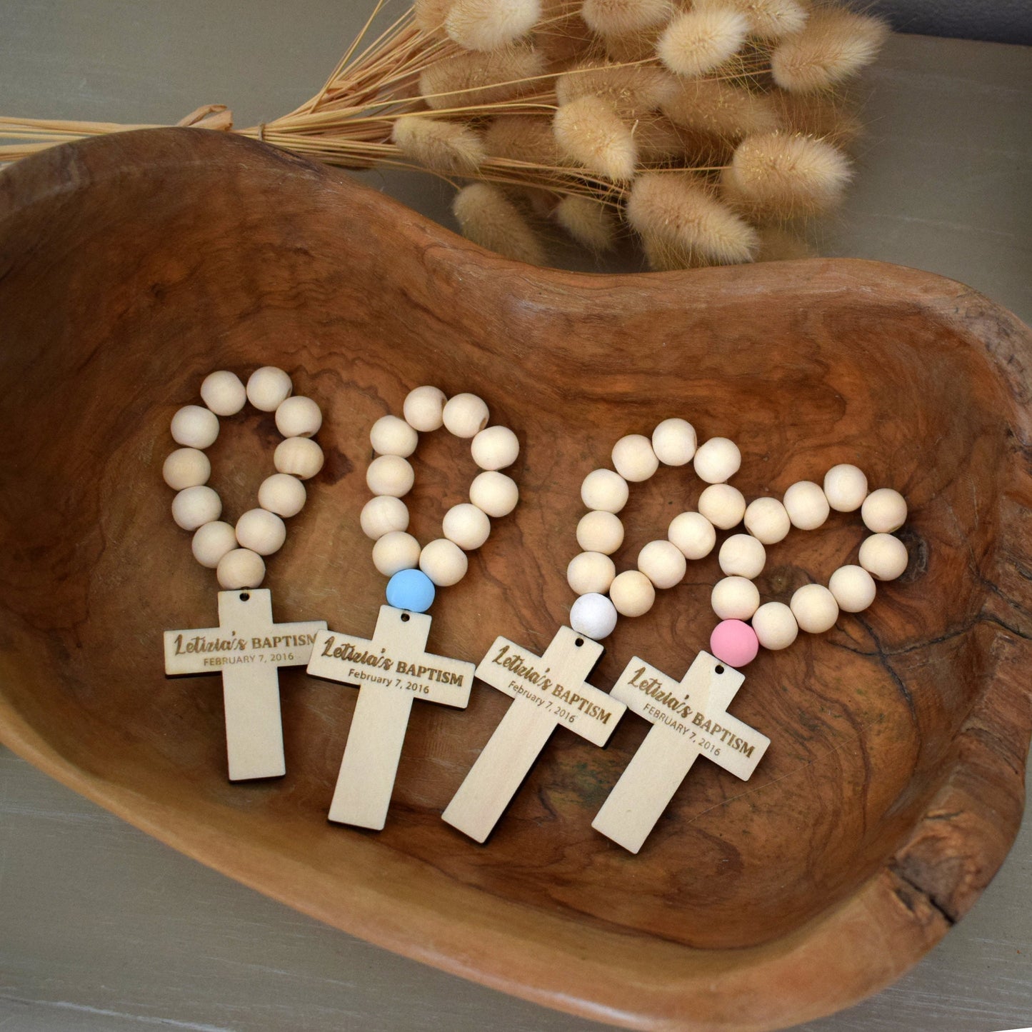 Personalized Wooden Rosary Favors – Baptism, Christening, First Communion, Party Gifts
