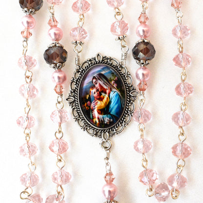 Pink Austrian Crystal Rosary – Handmade Bridal, First Communion & Catholic Wedding Gift