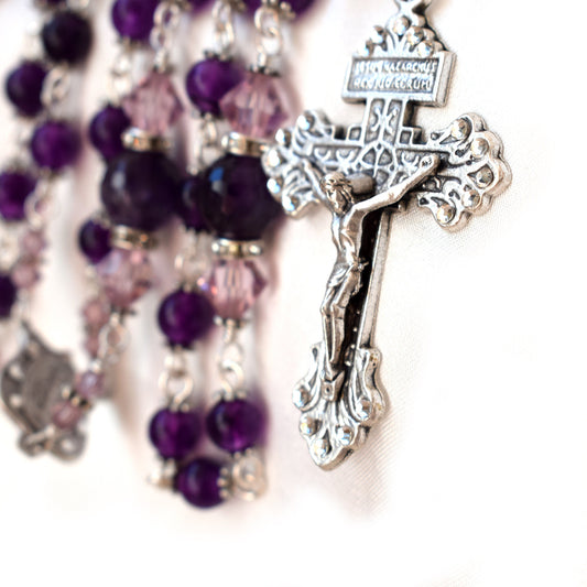 Personalized Amethyst Crystal Rosary – Swarovski Beads with Pardon Crucifix | Catholic Wedding, First Communion & Confirmation Gift