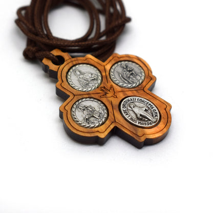 Olive Wood Four Way Cross Pendant – Christian Necklace, Sacred Heart & Saint Medals