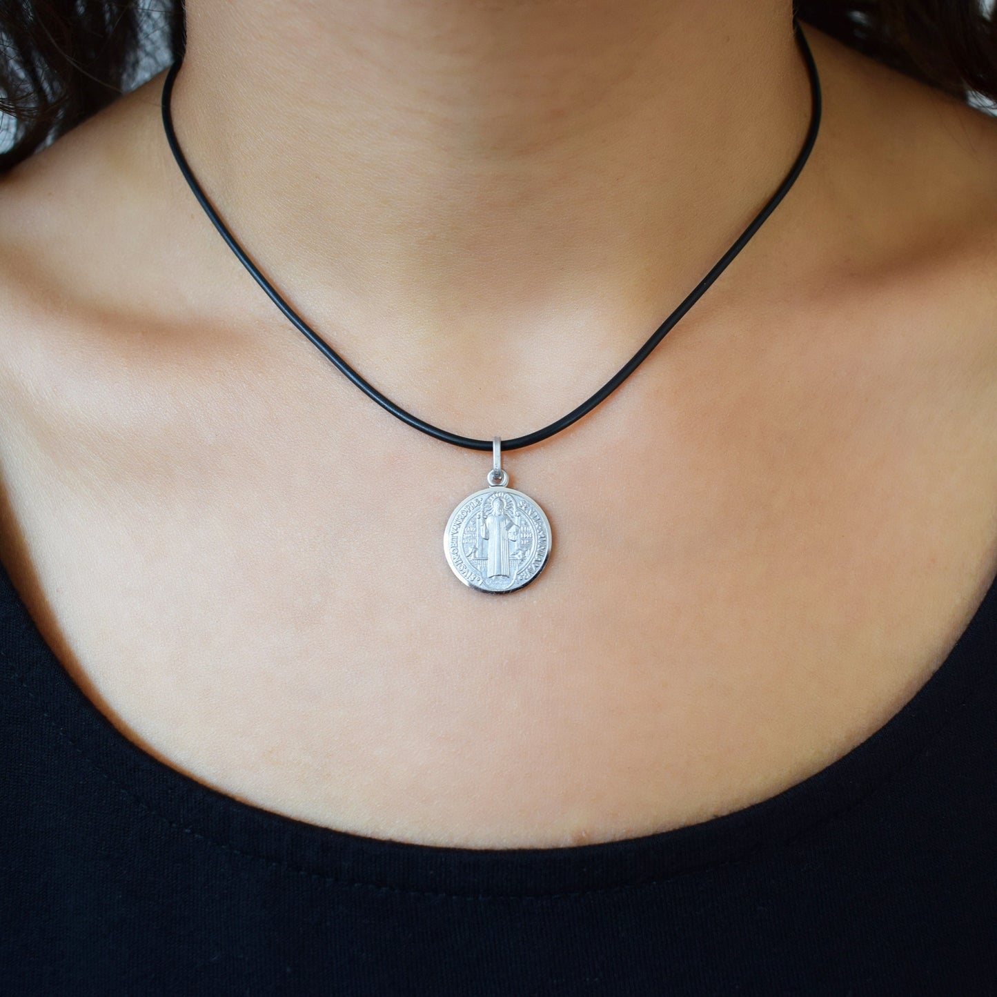 Saint Benedict Sterling Silver 925 Medal – Rhodium-Plated Italian Pendant Necklace | San Benito Catholic Jewelry