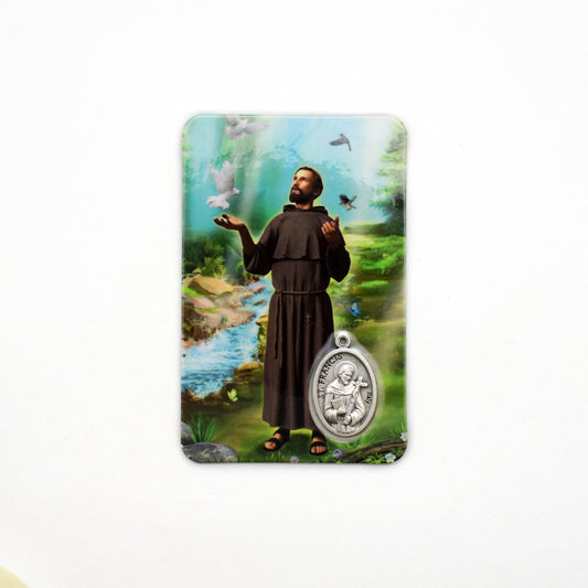 Saint Francis of Assisi Holy Card with Medal – Laminated Italian Prayer Card