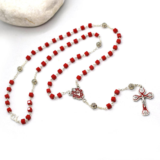 Red Glass Cube Rosary – Ex Voto Heart Centerpiece – Wearable Catholic Necklace – Handmade Devotional Jewelry