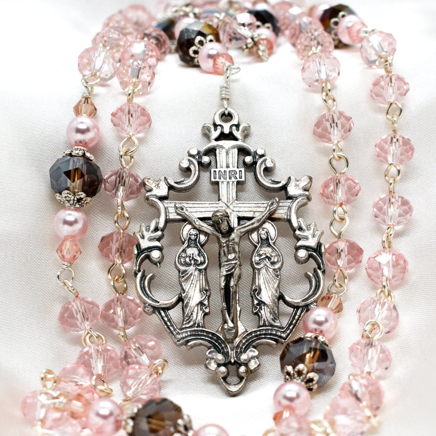 Pink Austrian Crystal Rosary – Handmade Bridal, First Communion & Catholic Wedding Gift