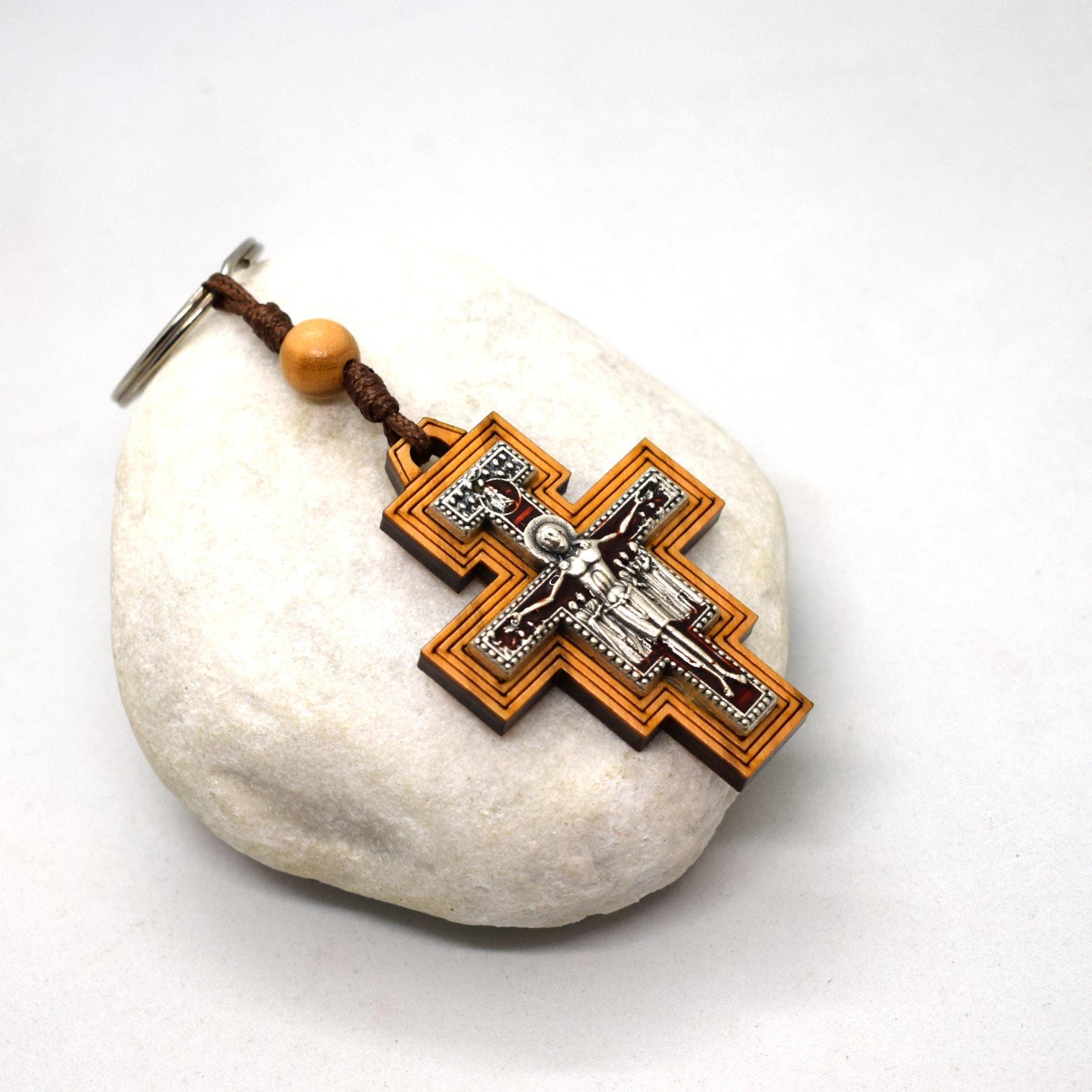 Handmade Olive Wood Keychain with Enamel St. Damian Cross – Catholic Faith Gift from Italy