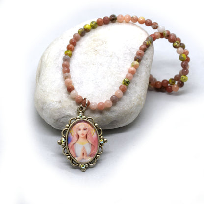 Watermelon Quartz Necklace with Madonna Pendant 🌸 - Grani di Senape Studio