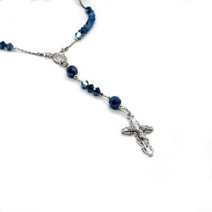 Italian Handmade Sterling Silver Rosary Necklace with Swarovski Crystals – Rhodium Plated Christian Jewelry