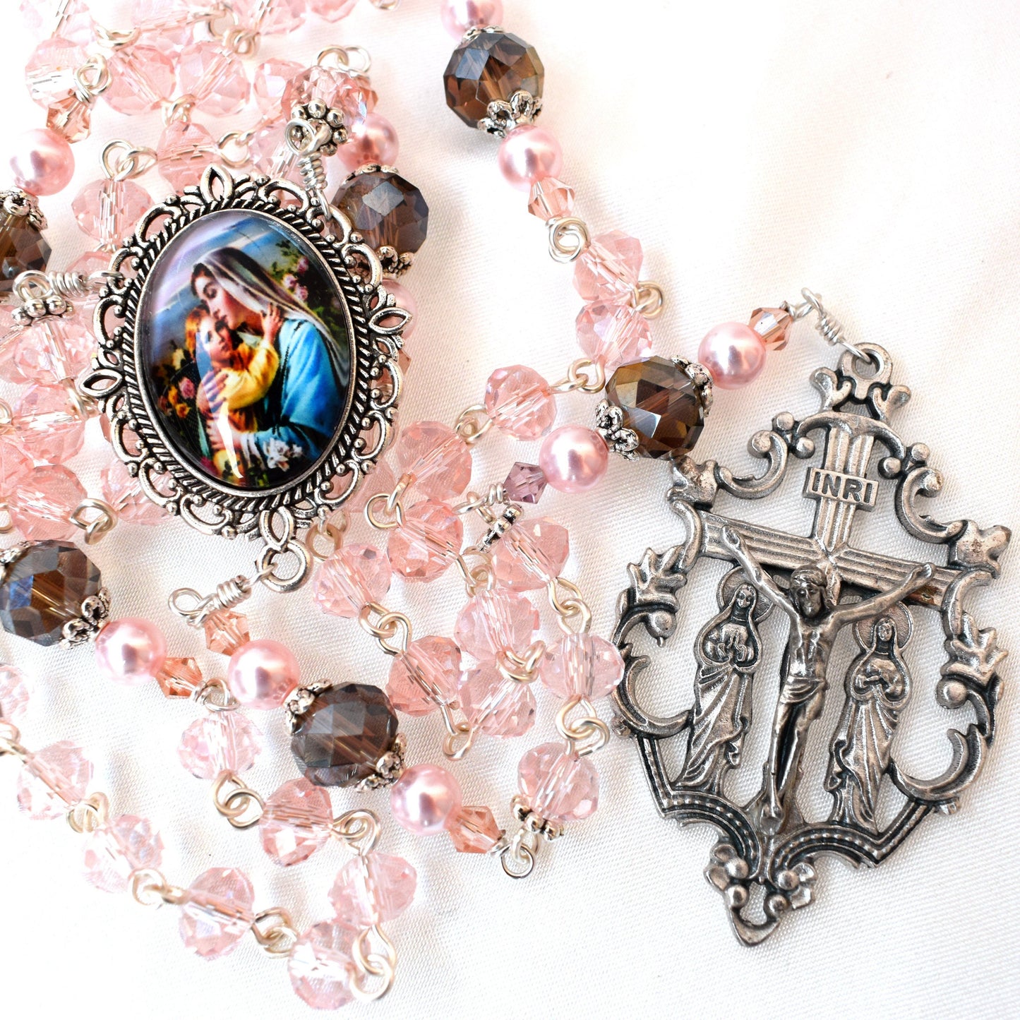 Pink Austrian Crystal Rosary – Handmade Bridal, First Communion & Catholic Wedding Gift