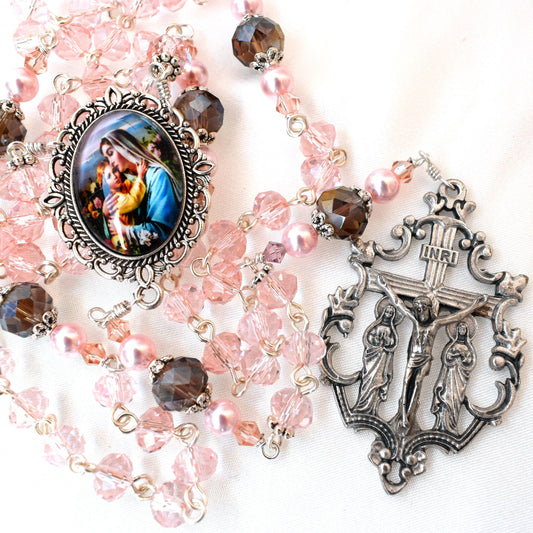 Pink Austrian Crystal Rosary – Handmade Bridal, First Communion & Catholic Wedding Gift