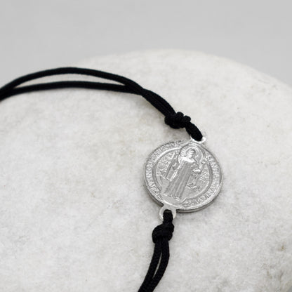 Rhodium Plated Sterling Silver Saint Benedict Bracelet | 925 Silver Adjustable Unisex Bracelet | Handmade Italian Christian Jewelry