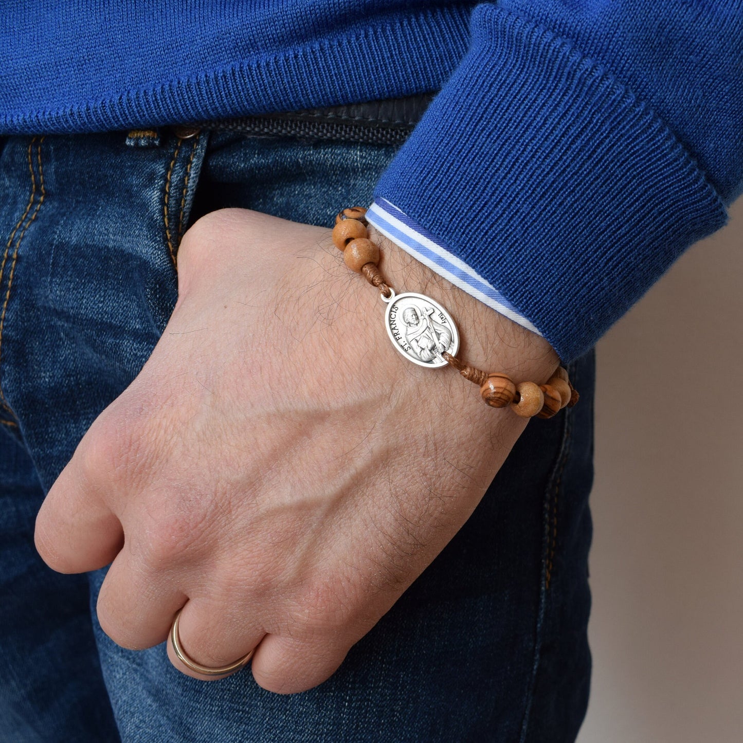 Saint Bracelet with Olive wood beads, Choose your saint, Personalized Saint Stackable wooden Bracelet, Mens bracelet, Christmas Gift for men