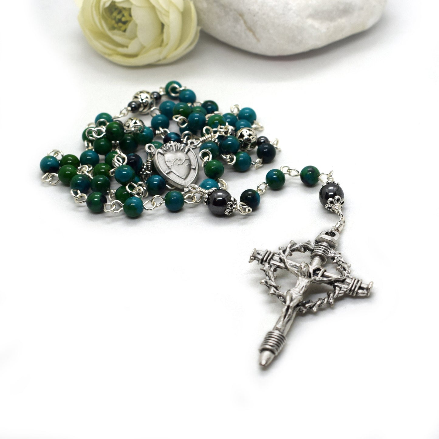 Crown of Thorns Gemstone Rosary | Blue Chrysocolla Catholic Rosary Handmade in Italy