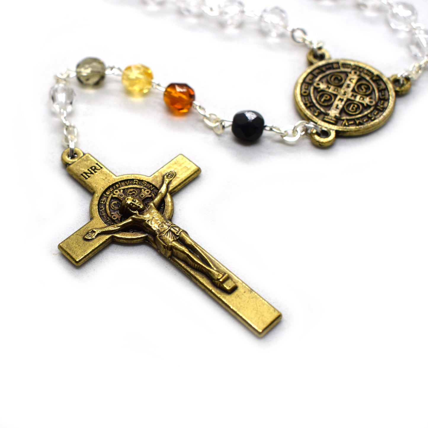 St Benedict Bronze Rosary | Italian Crystal Rosary Necklace | Saint Benedict Medal for Protection