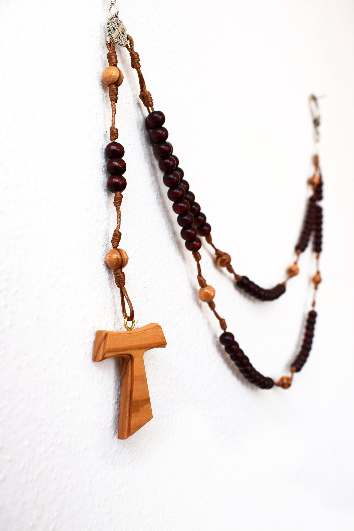 Belt Habit Rosary – Holy Land Olive Wood, Franciscan Crown, 5/7 Decades with St. Francis Tau Cross | Handmade Catholic Gift
