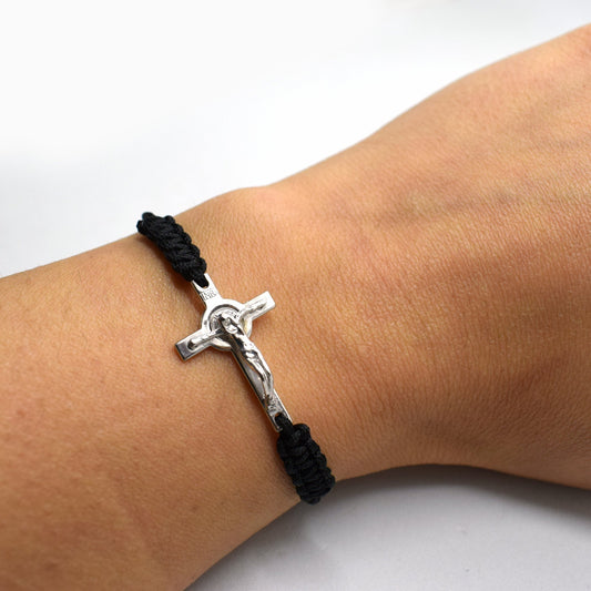 Saint Benedict Crucifix Bracelet – Rhodium Plated Sterling Silver, Handmade in Italy