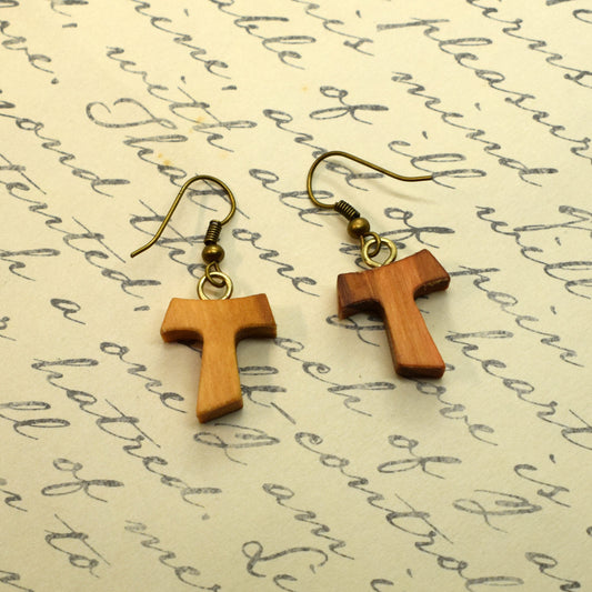 Tau Cross Earrings | St. Francis Olive Wood Earrings | Handmade Artisan Jewelry | Christian Gift