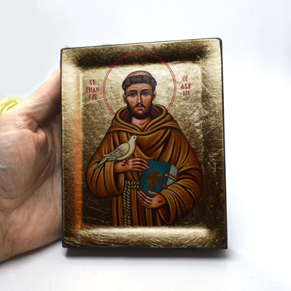 🕊️ Saint Francis of Assisi Greek Orthodox Icon – Handmade Byzantine Wall Art – Franciscan Gift