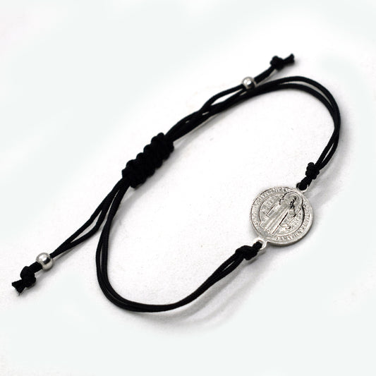Rhodium Plated Sterling Silver Saint Benedict Bracelet | 925 Silver Adjustable Unisex Bracelet | Handmade Italian Christian Jewelry