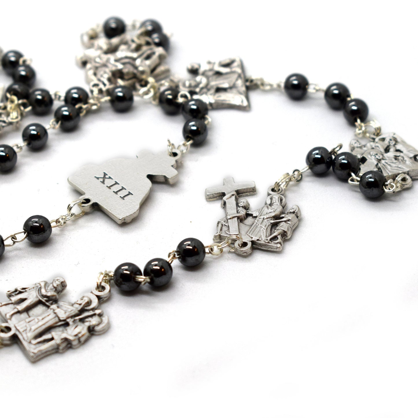 Stations of the Cross Rosary – Hematite Beads, Handmade Italian Via Crucis Chaplet