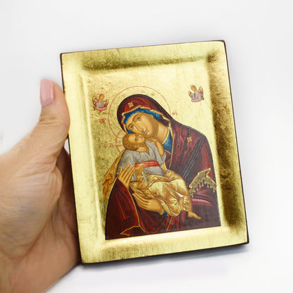 🌸 Our Lady of Tenderness Greek Orthodox Icon – Handmade Byzantine Wall Art – Christian Gift