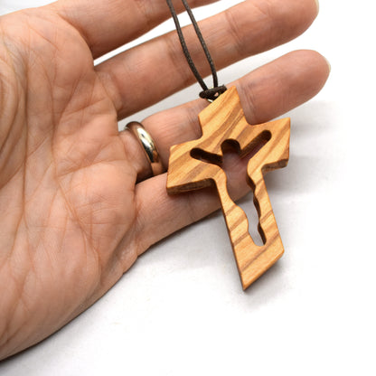 Carved Olive Wood Crucifix Necklace – Handmade Italian Wooden Cross Pendant