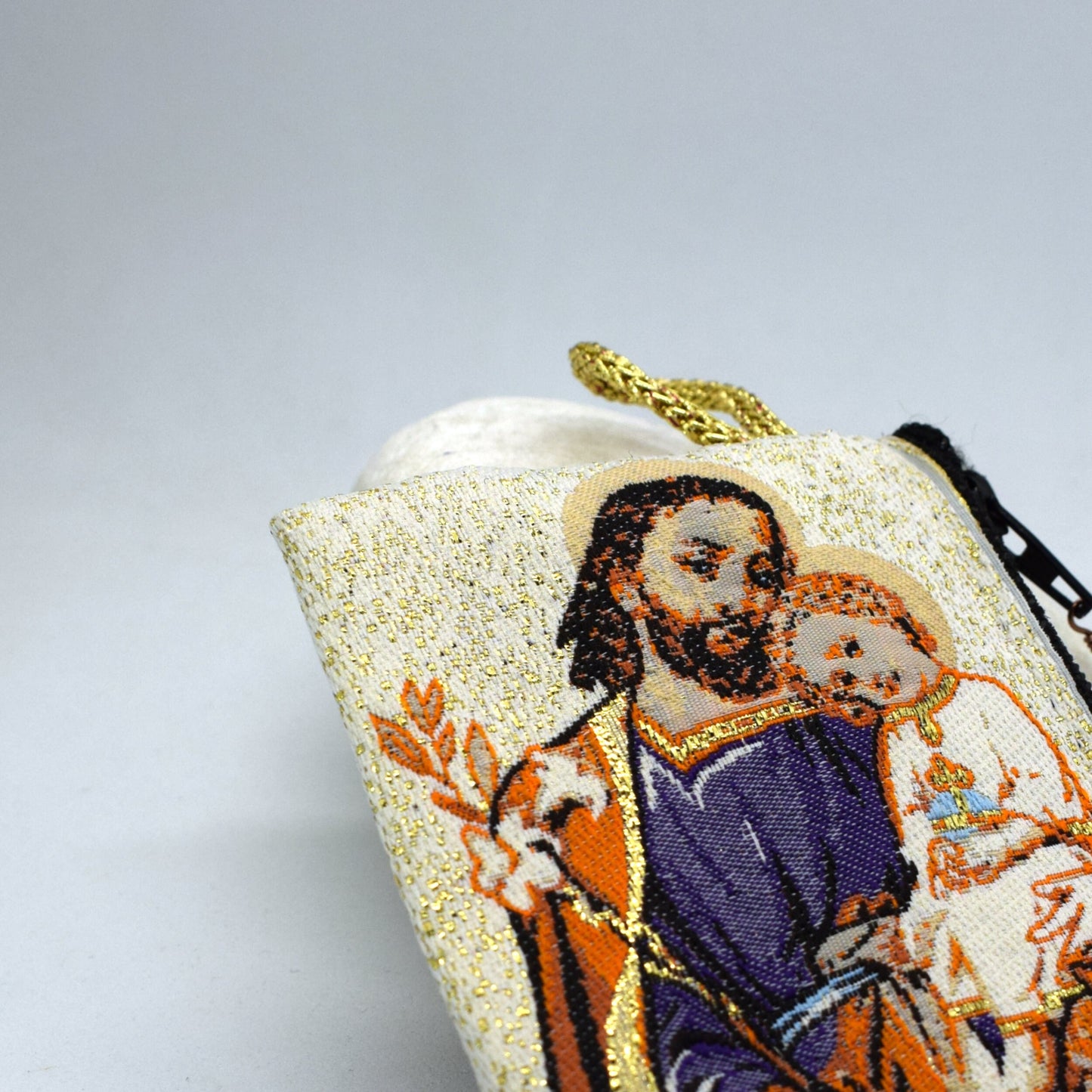 Saint Joseph and Jesus Rosary Pouch – Icon Tapestry Coin Holder, Handmade Catholic Gift