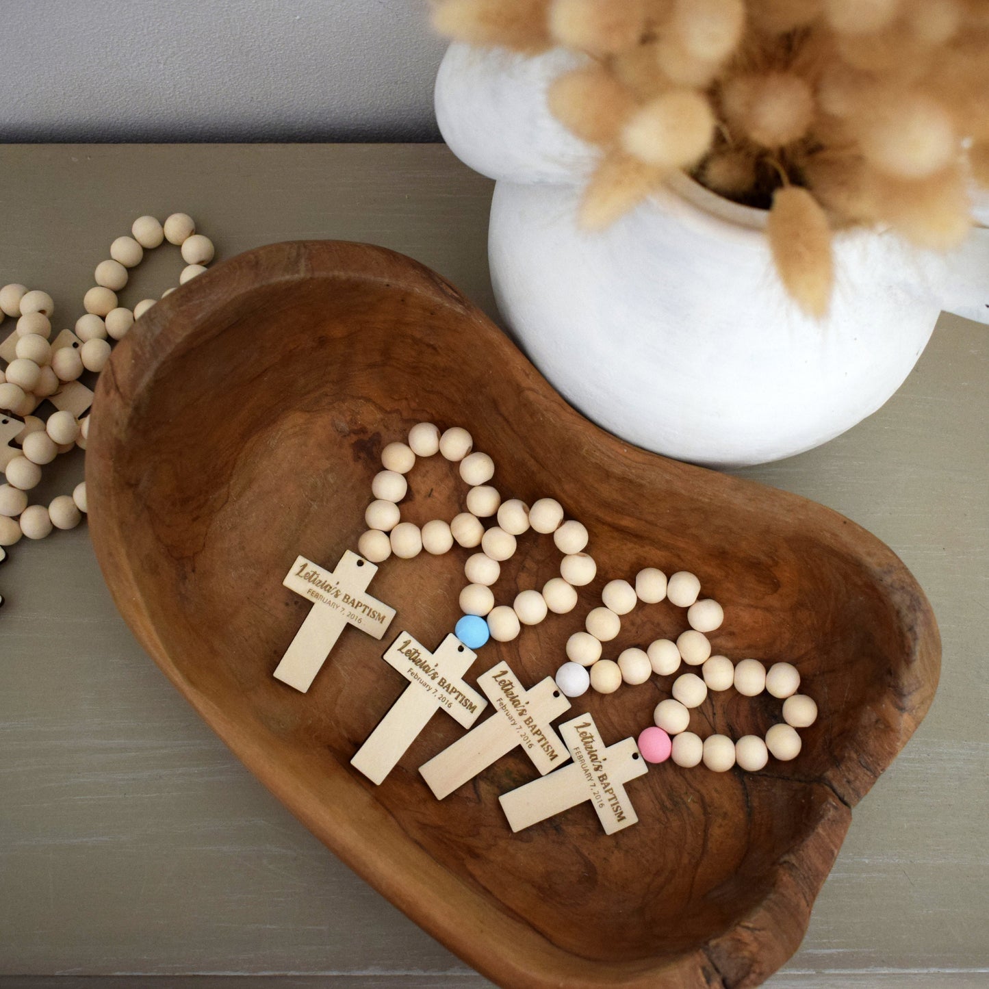 Personalized Wooden Rosary Favors – Baptism, Christening, First Communion, Party Gifts