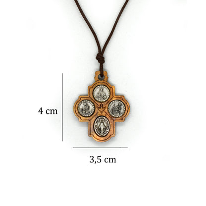 Olive Wood Four Way Cross Pendant – Christian Necklace, Sacred Heart & Saint Medals