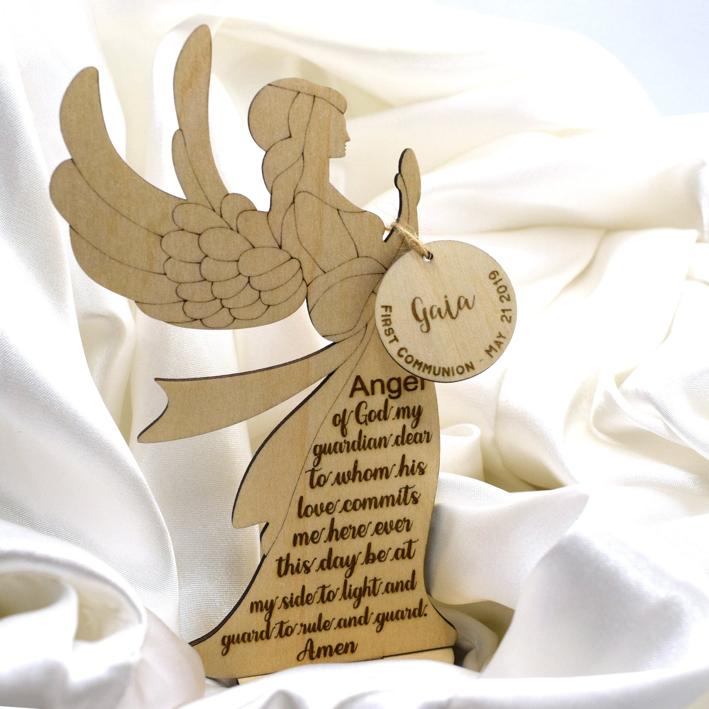 Guardian Angel Prayer Wood Stand – Personalized Baptism & First Communion Gift – Italian Handmade