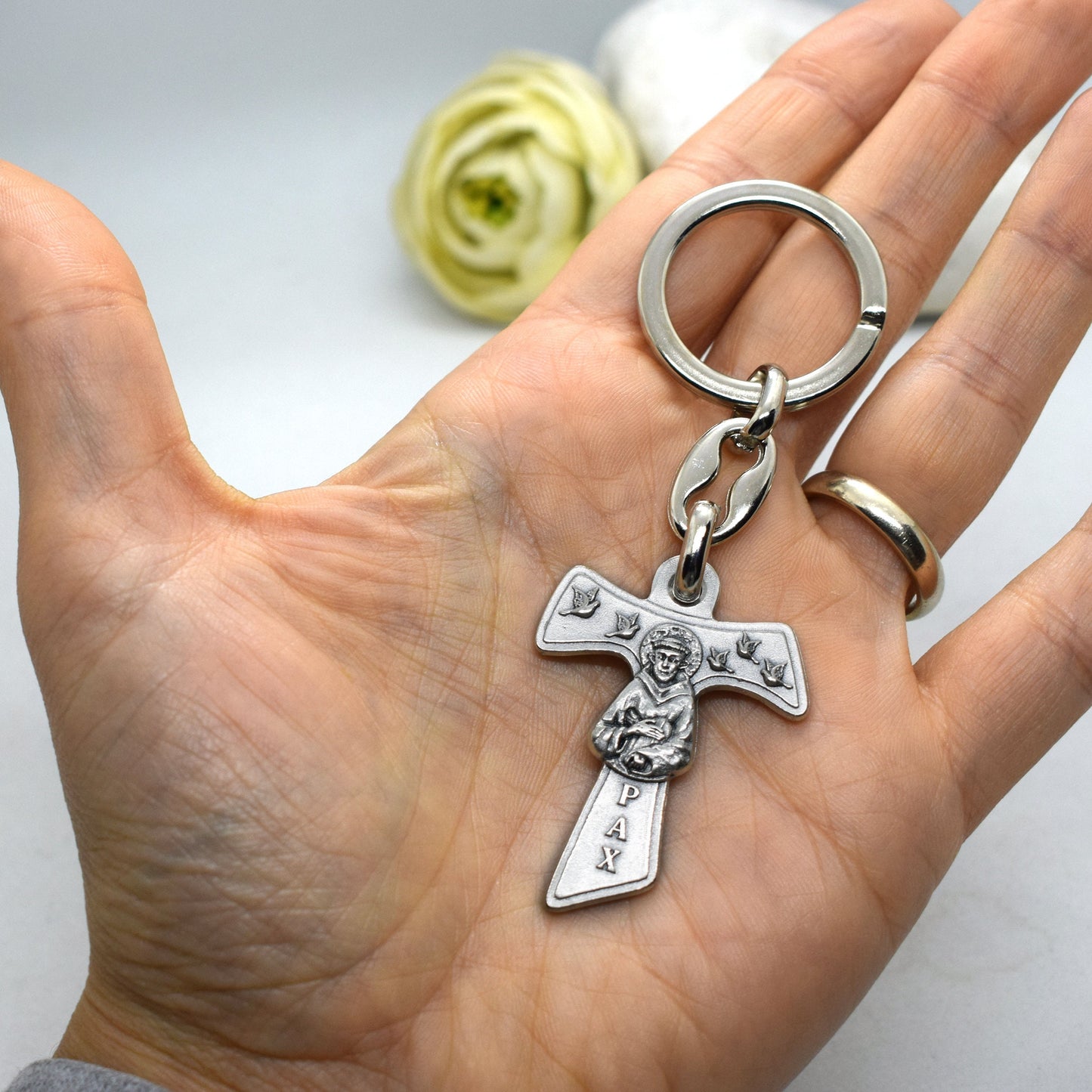 Saint Francis Tau Cross Keychain – Christian Keyring, Franciscan Catholic Gift