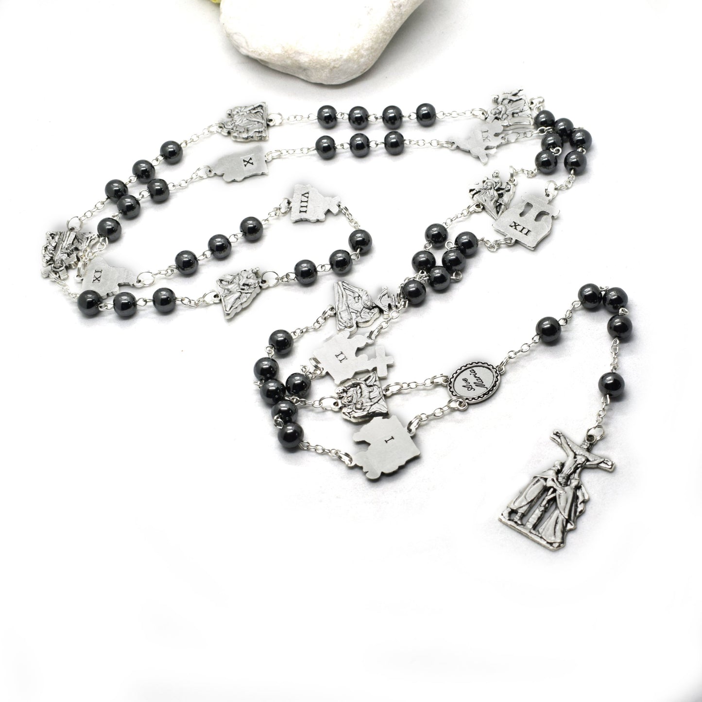 Stations of the Cross Rosary – Hematite Beads, Handmade Italian Via Crucis Chaplet - Grani di Senape Studio