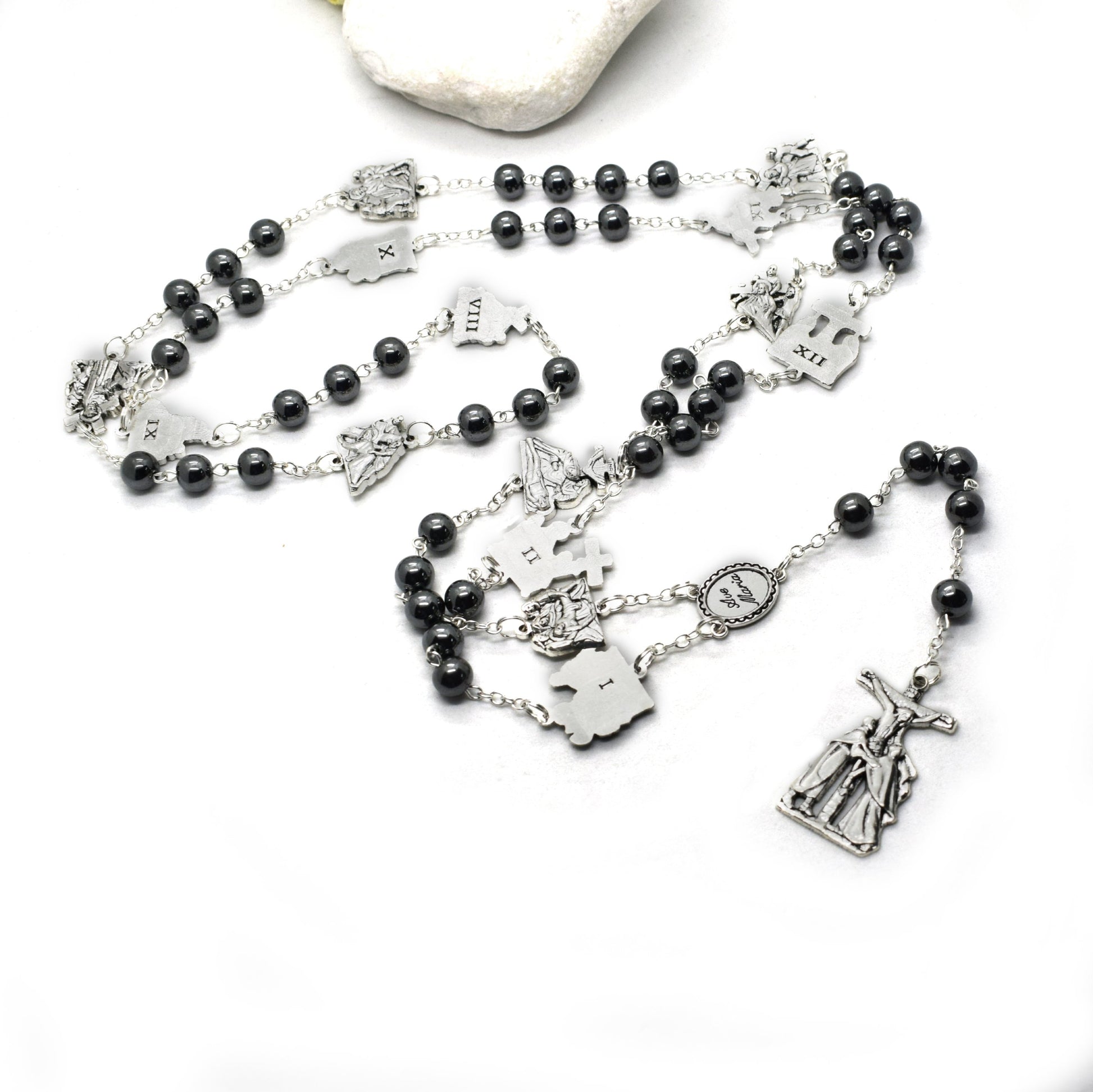 Stations of the Cross Rosary – Hematite Beads, Handmade Italian Via Crucis Chaplet - Grani di Senape Studio